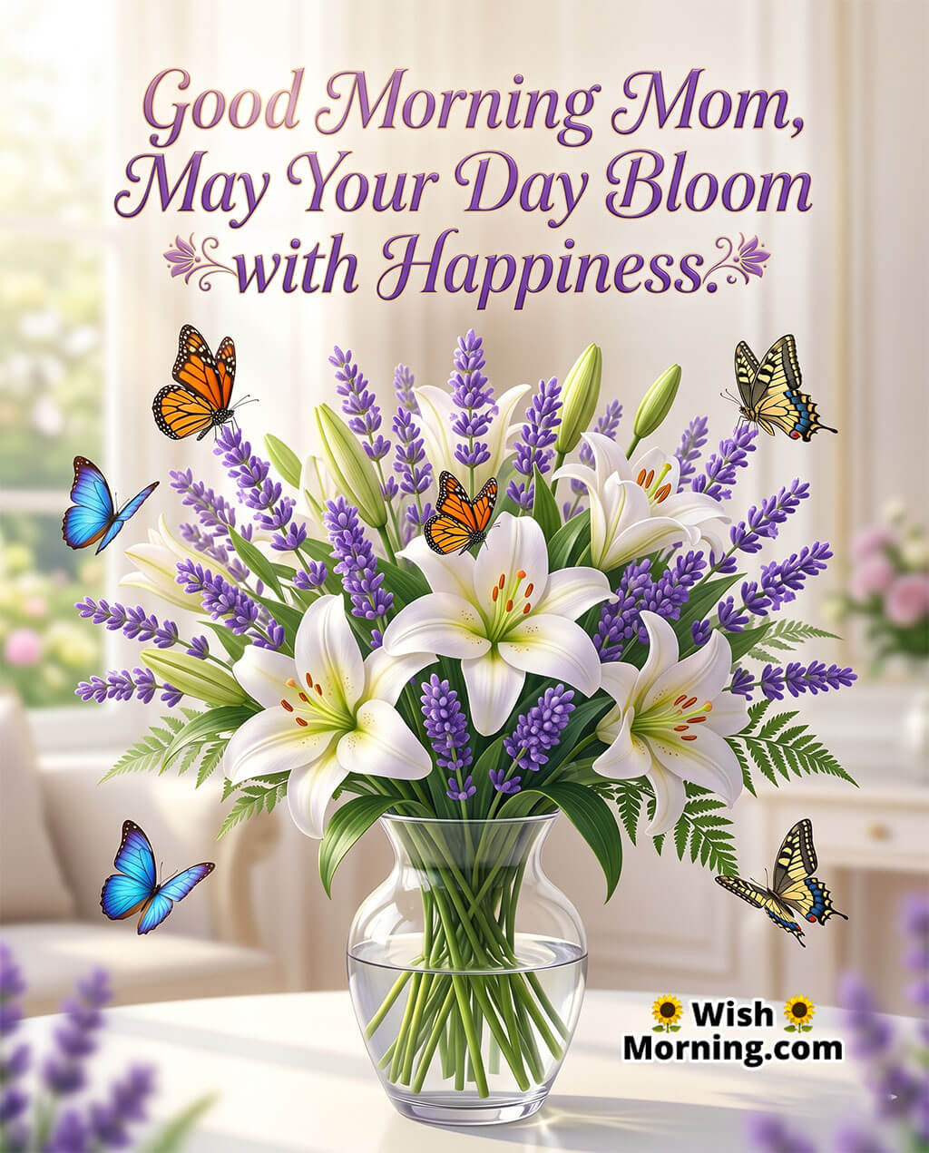 Good Morning Mom Happiness Quote Image featuring white lilies and lavender in a clear vase with colourful butterflies around a bright indoor background, symbolizing joy, freshness, and a heartwarming wish.
