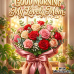 Good Morning My Lovely Mom Photo With Bouquet featuring hands holding a red and pink rose bouquet tied with a ribbon in a cozy window-light setting, symbolizing appreciation, affection, and a loving morning