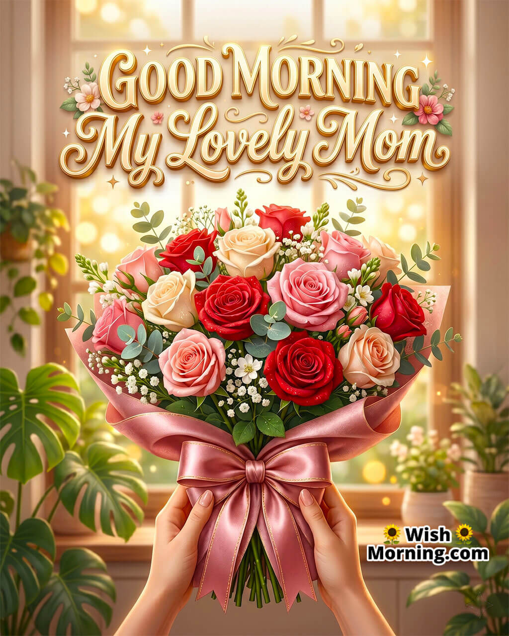 Good Morning My Lovely Mom Photo With Bouquet featuring hands holding a red and pink rose bouquet tied with a ribbon in a cozy window-light setting, symbolizing appreciation, affection, and a loving morning