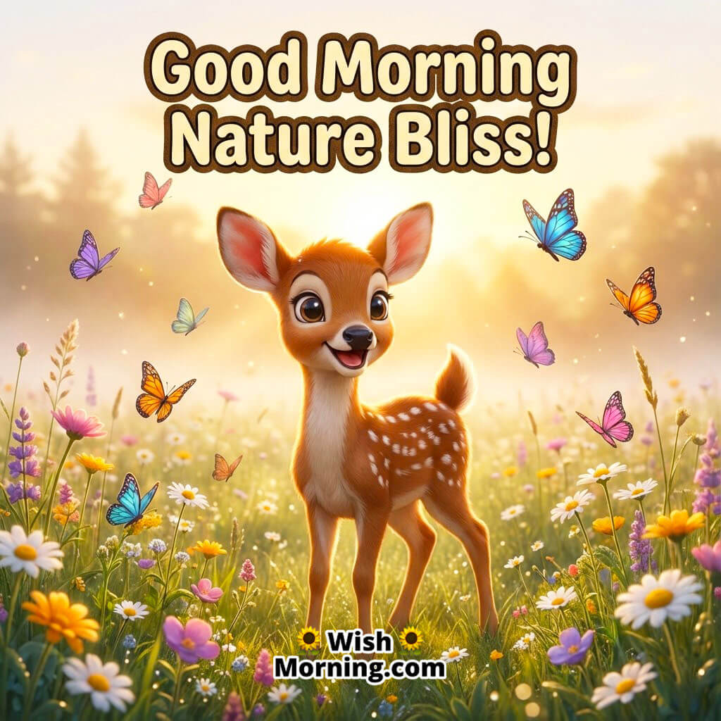 Good Morning Nature Bliss featuring a baby deer in a soft sunrise meadow with butterflies, symbolizing peace and gentle hope.