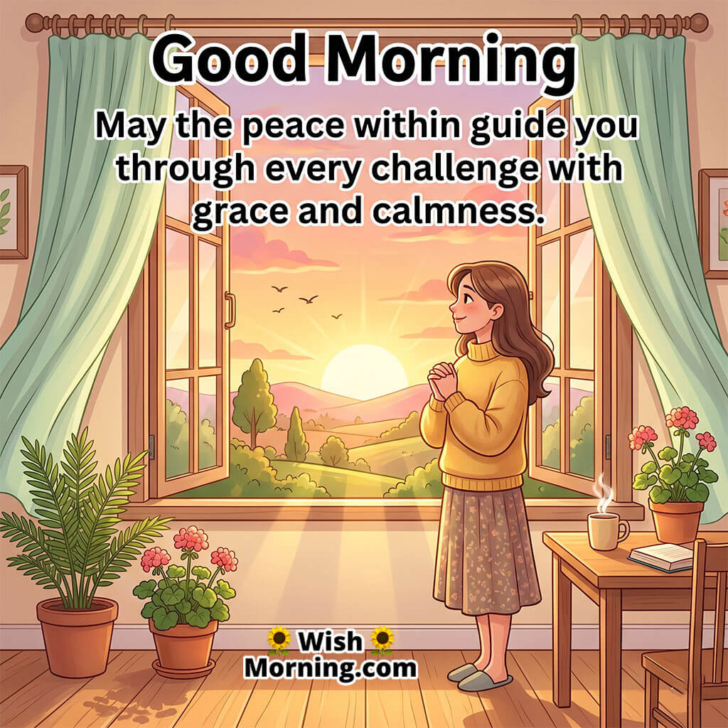 Good Morning Peace Within Quote for Calm Strength featuring woman standing near a sunrise window symbolizing grace and peaceful confidence