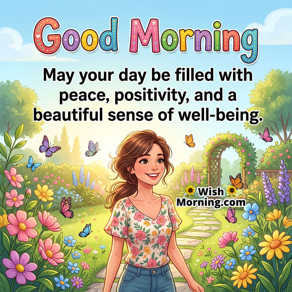 Good Morning Peace and Positivity Wish Quote featuring smiling woman walking through a bright flower garden symbolizing happiness and emotional wellness
