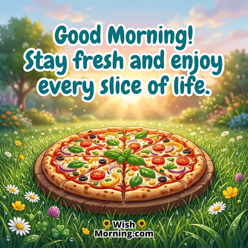 Good Morning Pizza Nature Image with Inspirational Quote featuring veggie pizza on grass with flowers and sunlight symbolizing freshness and peace.