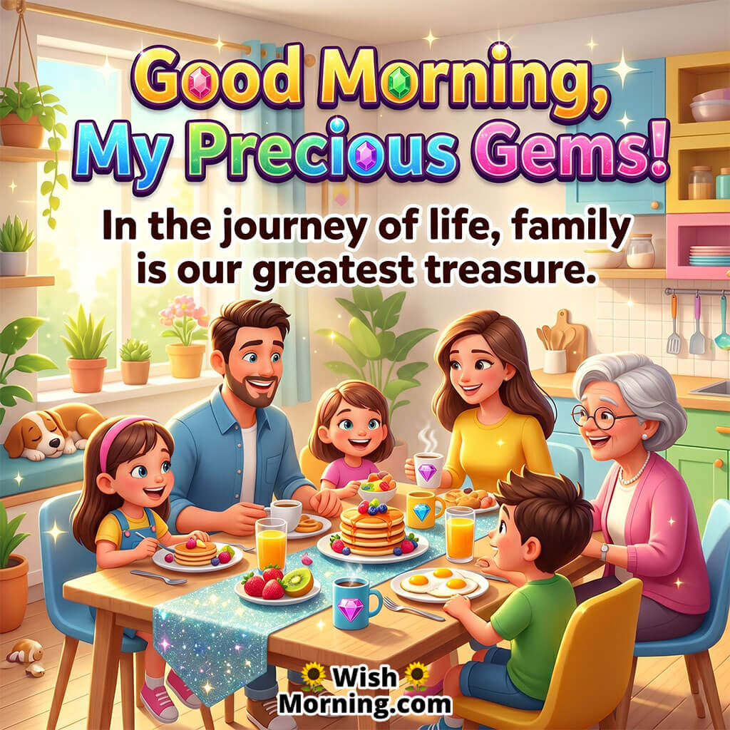 Good Morning Precious Family Blessings Quote featuring a smiling family with grandparents sharing breakfast around a colorful dining table symbolizing togetherness, warmth, and treasured family bonds.