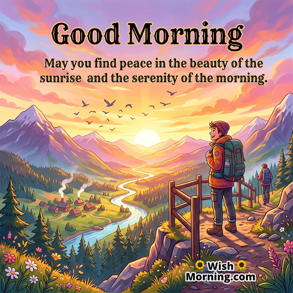Good Morning Sunrise Serenity and Peace Quote featuring cheerful traveler watching sunrise from a mountain viewpoint symbolizing calmness and inspiration