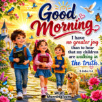 Good Morning Walking in Truth Bible Message featuring happy children carrying Bibles along a bright path near a church at sunrise, symbolizing faith, truth, and spiritual growth.