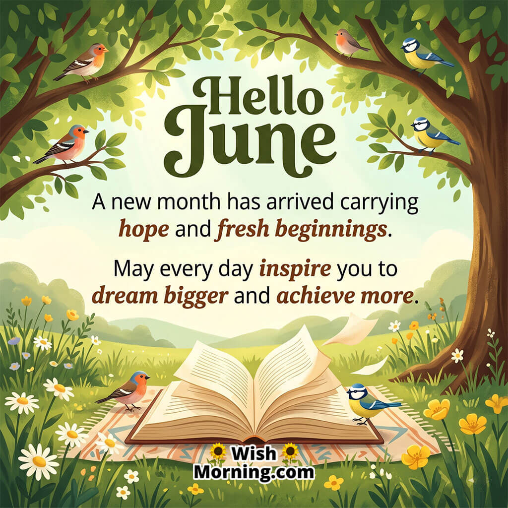 Hello June New Beginnings Quote Image featuring an open book in a peaceful meadow surrounded by flowers and birds beneath leafy trees symbolizing hope, learning, dreams, and fresh starts.
