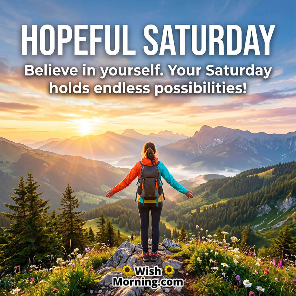 Hopeful Saturday Inspiration Message featuring a woman standing on a mountain peak during sunrise with scenic valleys and flowers symbolizing confidence, hope, and endless possibilities.