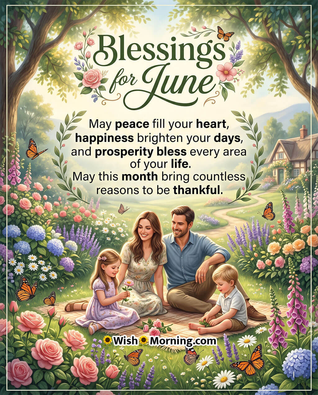June Blessings for Peace and Prosperity Message Image featuring a happy family relaxing in a flower-filled garden surrounded by butterflies and blooming plants symbolizing peace, gratitude, happiness, and abundance.