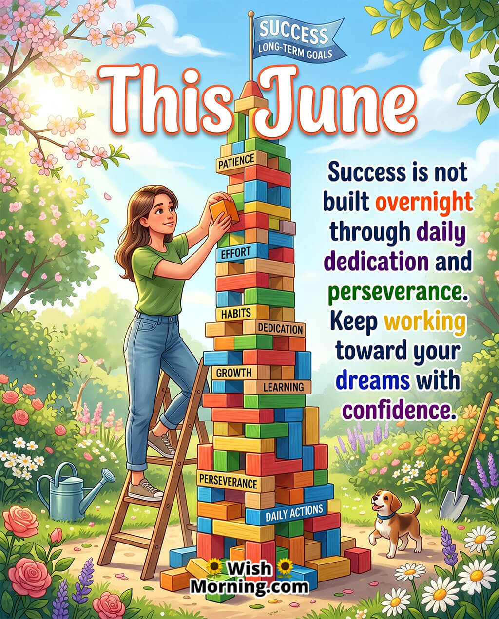 June Daily Success Motivation Message Image featuring a young woman building a colorful tower of blocks labeled with positive habits and achievements symbolizing perseverance, discipline, learning, and long-term success.