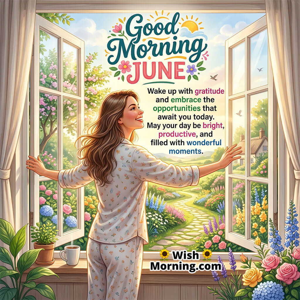 June Good Morning Opportunities Message Image featuring a woman welcoming the morning breeze through open windows overlooking a vibrant flower garden symbolizing optimism, growth, and wonderful moments ahead.