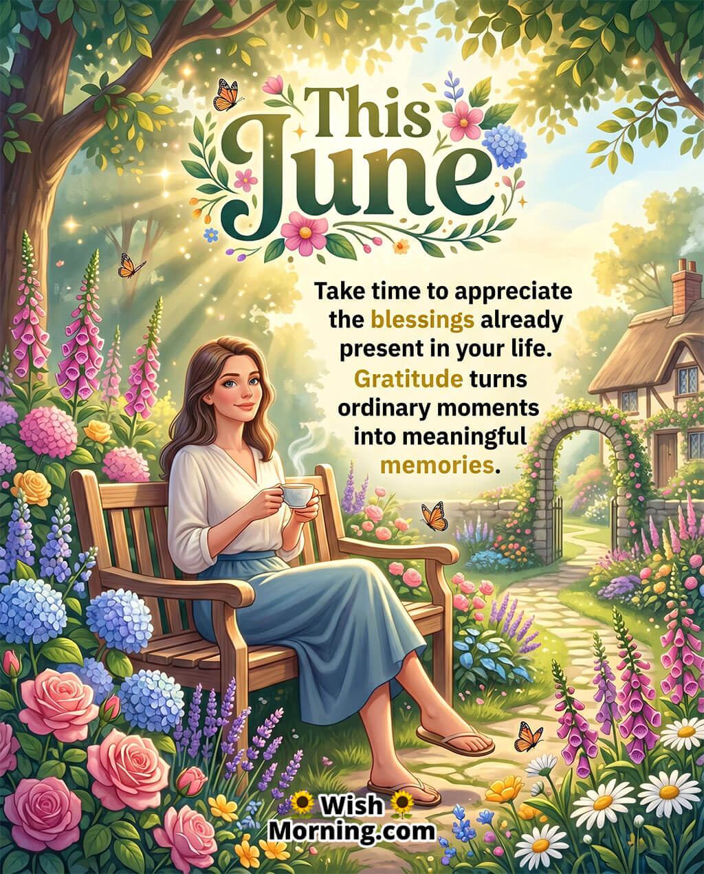 June Gratitude and Blessings Message Image featuring a woman enjoying a peaceful moment in a blooming garden surrounded by flowers, butterflies, and warm sunlight symbolizing gratitude, contentment, and meaningful memories.