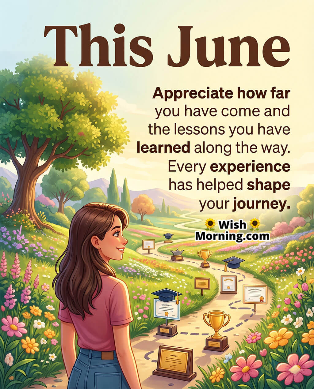 June Reflection and Growth Message Image featuring a woman looking across a pathway lined with trophies, certificates, and milestones in a colorful landscape symbolizing personal growth, learning, and progress.