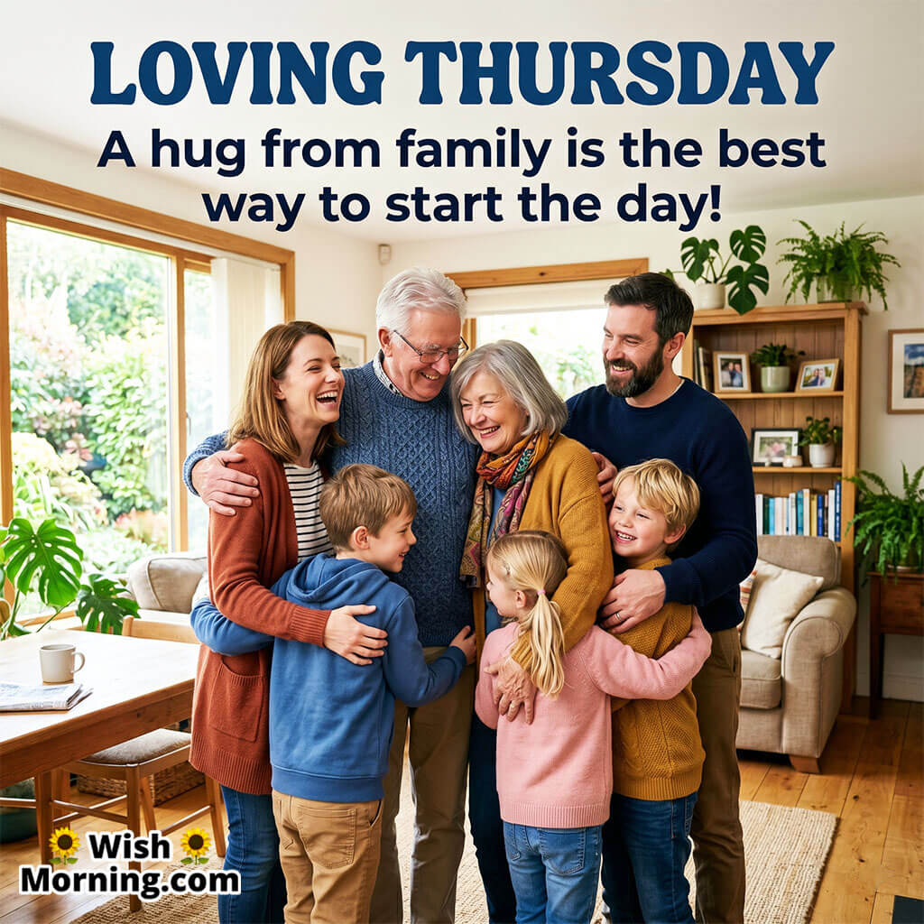 Loving Thursday Family Hug Message Photo featuring a joyful multi generation family sharing a warm group hug inside a cozy home symbolizing love, togetherness, and happiness.