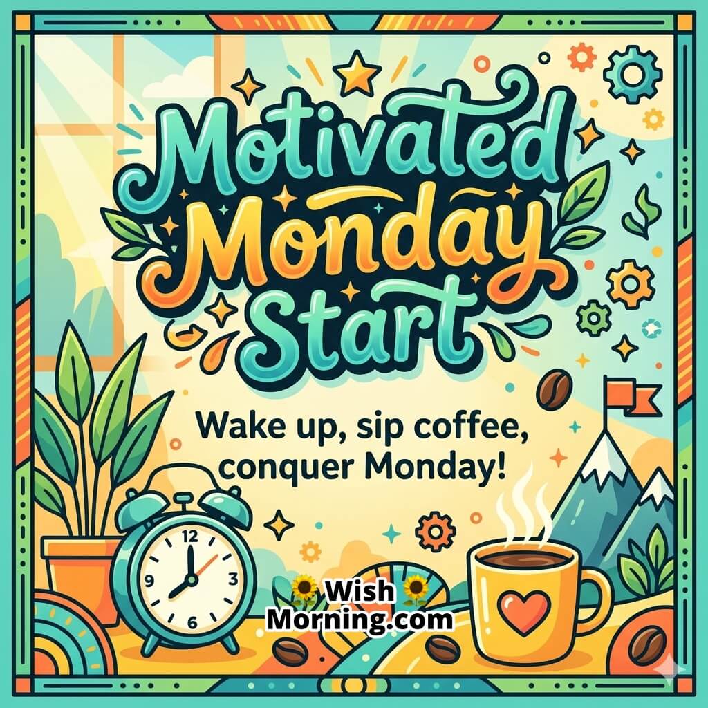 Motivated Monday Start Coffee Energy Wish featuring alarm clock, coffee cup, bright workspace, and colorful elements symbolizing energy, focus, and a productive beginning.