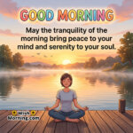 Peaceful Good Morning Quote for Tranquility and Serenity featuring calm person meditating beside a lakeside sunrise symbolizing inner peace and mindfulness