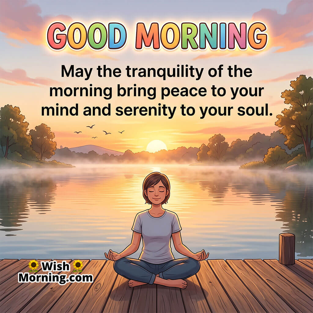 Peaceful Good Morning Quote for Tranquility and Serenity featuring calm person meditating beside a lakeside sunrise symbolizing inner peace and mindfulness