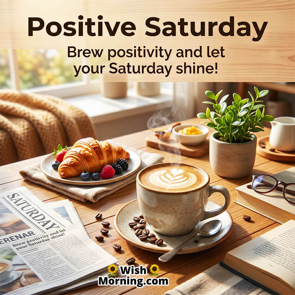 Positive Saturday Morning Motivation Message featuring a cozy coffee table with croissant, books, steaming coffee, and indoor plants near a sunny window symbolizing positivity, comfort, and a refreshing Saturday start.