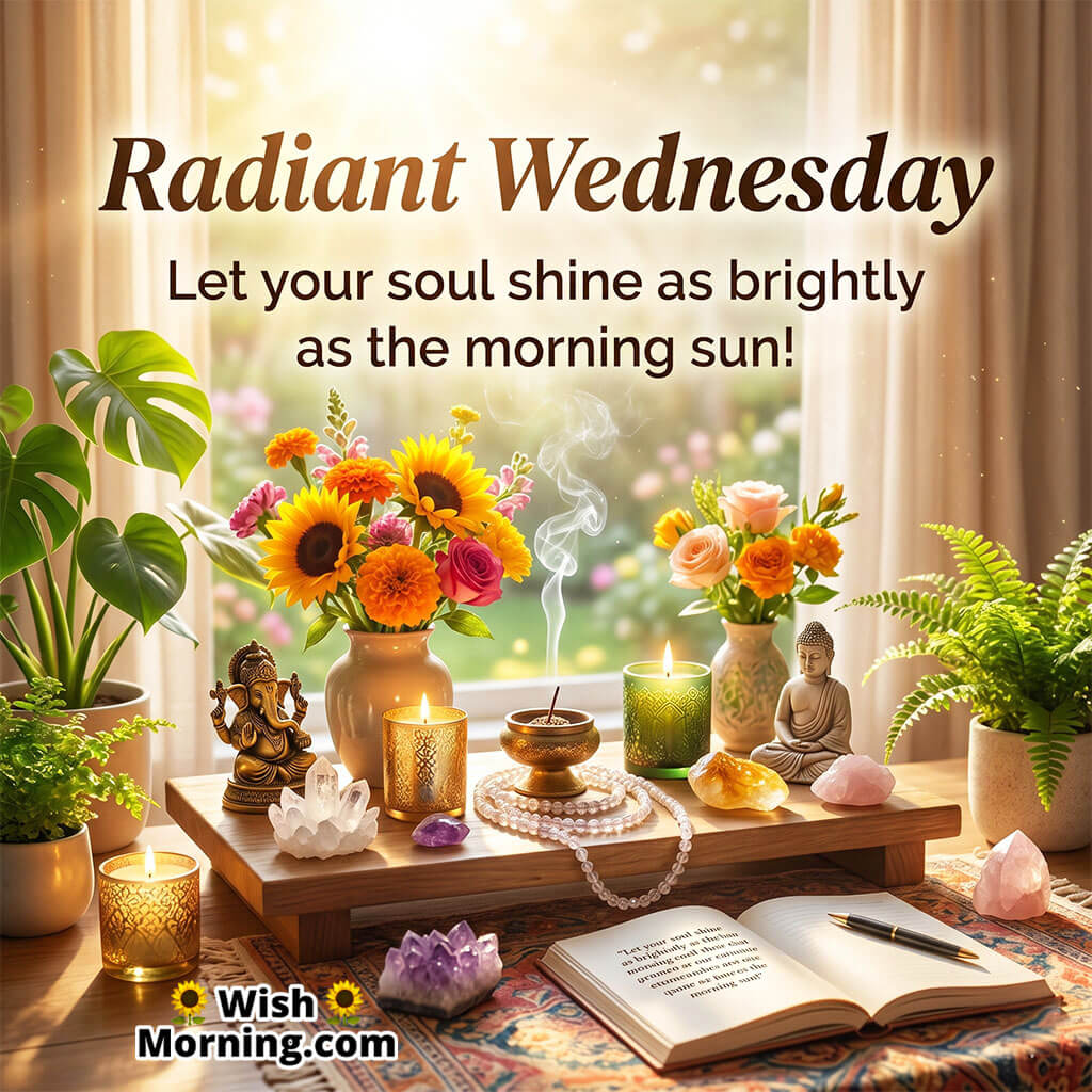 Radiant Wednesday Soul Blessing Quote featuring candles, flowers, crystals, incense, and peaceful spiritual decor near a glowing window symbolizing inner peace, positivity, and spiritual light.