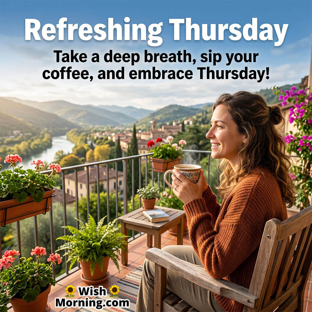 Refreshing Thursday Morning Motivation Quote Image featuring a smiling woman enjoying coffee on a peaceful balcony with scenic mountains and river views symbolizing relaxation, positivity, and a calm start to the day.