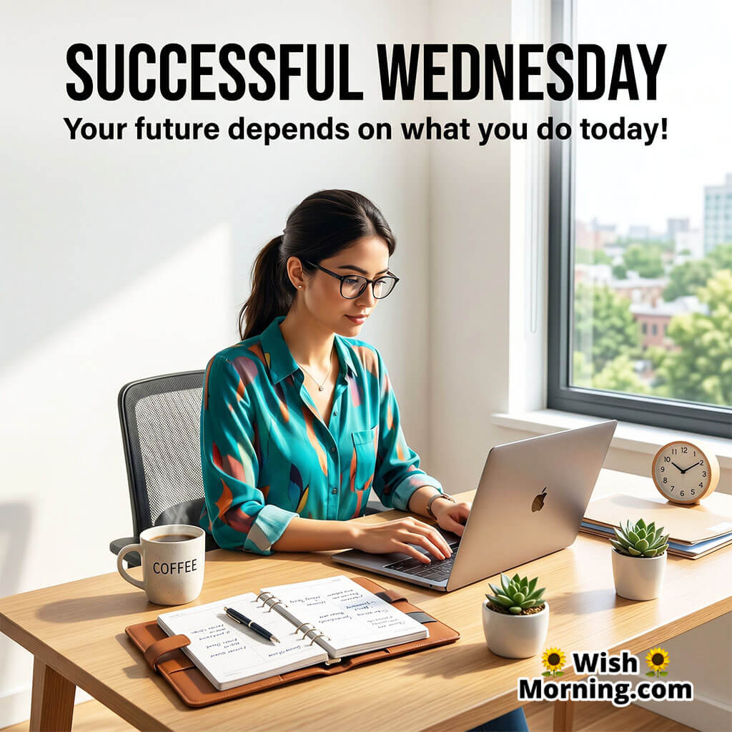 Successful Wednesday Motivation Quote featuring a focused woman working on a laptop in a bright modern workspace symbolizing dedication, productivity, and success on Wednesday.