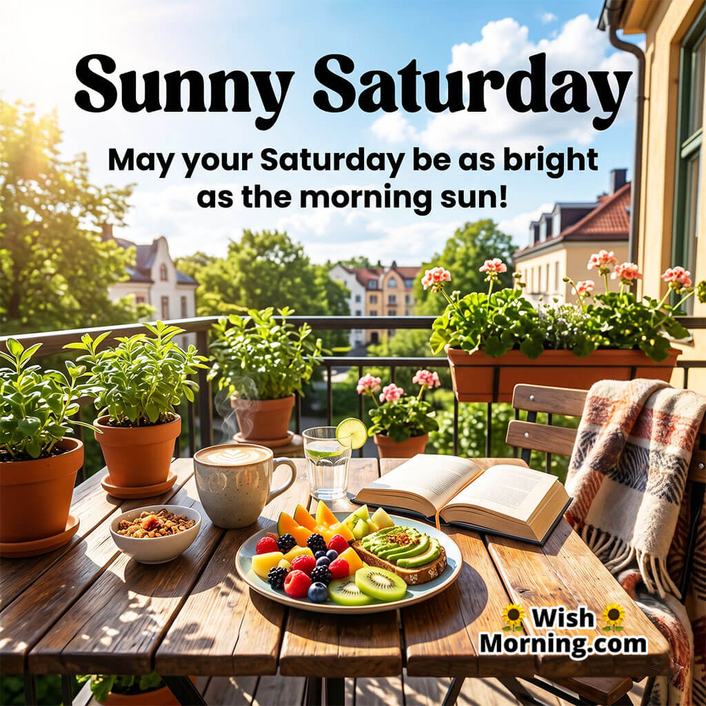 Sunny Saturday Morning Happiness Quote featuring a bright balcony breakfast setup with coffee, fruits, plants, and warm sunlight symbolizing freshness, positivity, and a joyful Saturday morning.