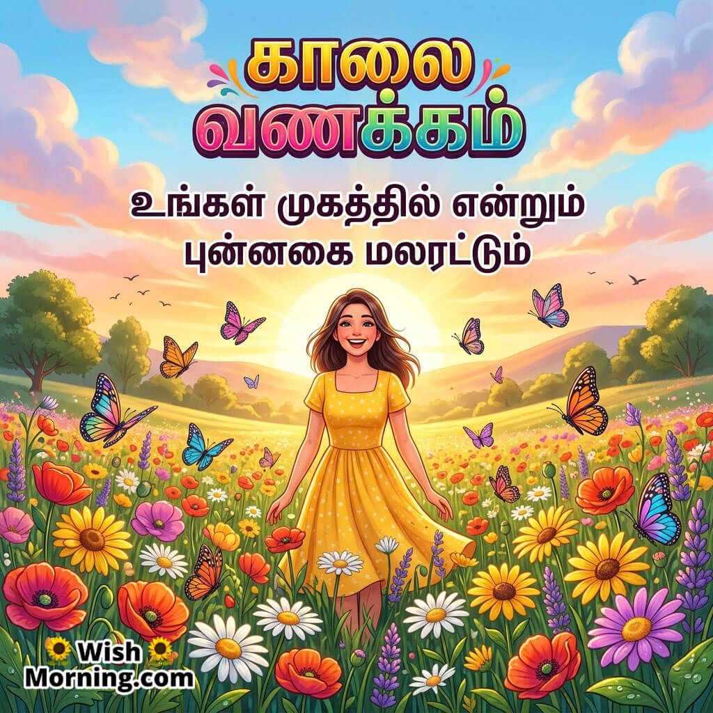 Tamil Good Morning Smile Wish Photo featuring smiling woman in colorful flower field symbolizing joy and cheerful energy
