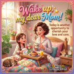 Wake Up My Dear Mom Morning Message featuring a cheerful mother and daughter enjoying breakfast in bed with flowers, pancakes, and cozy morning decor symbolizing love, care, and warm family bonding.