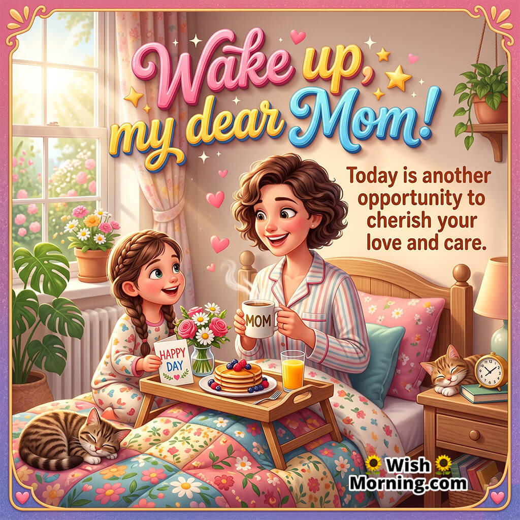 Wake Up My Dear Mom Morning Message featuring a cheerful mother and daughter enjoying breakfast in bed with flowers, pancakes, and cozy morning decor symbolizing love, care, and warm family bonding.