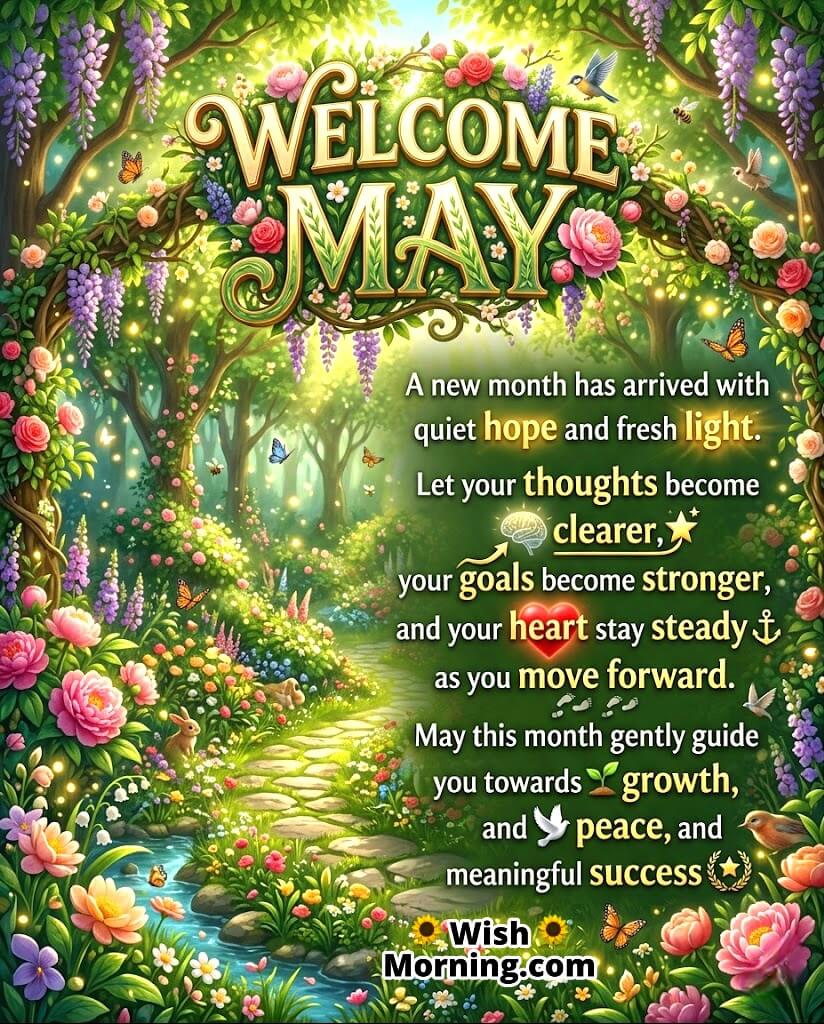 Welcome May Fresh Beginnings Message Image featuring soft sunrise, blooming flowers, and gentle light symbolizing hope, clarity, growth, and a positive new start.