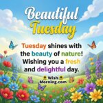 Beautiful Tuesday message image featuring colourful flowers, butterflies, rolling green hills, and bright sunshine, symbolising freshness, beauty, and a delightful day.