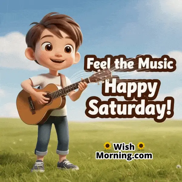 Happy Saturday animated GIF featuring a boy with open eyes playing guitar, guitar strings vibrating softly, symbolizing peace and melody.