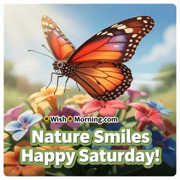 Happy Saturday animated GIF featuring a colorful butterfly flapping wings over flowers, symbolizing beauty and natural joy.