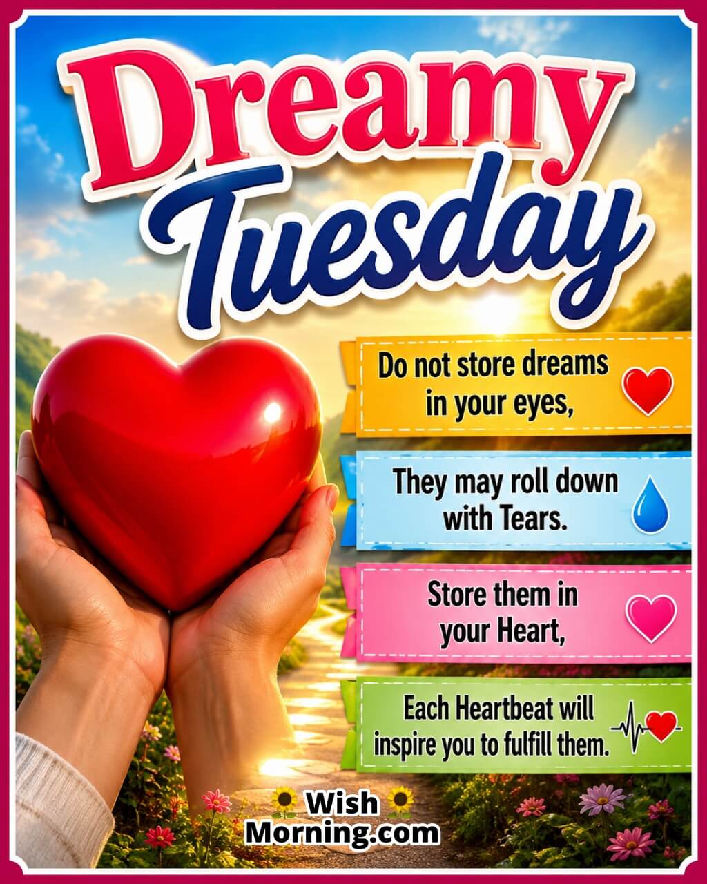 Dreamy Tuesday Heartfelt Morning Message Image featuring hands holding a bright red heart along a flower-lined pathway at sunrise with warm golden light and colourful blooms, symbolizing hope, dreams, love, inspiration, and keeping heartfelt aspirations alive.