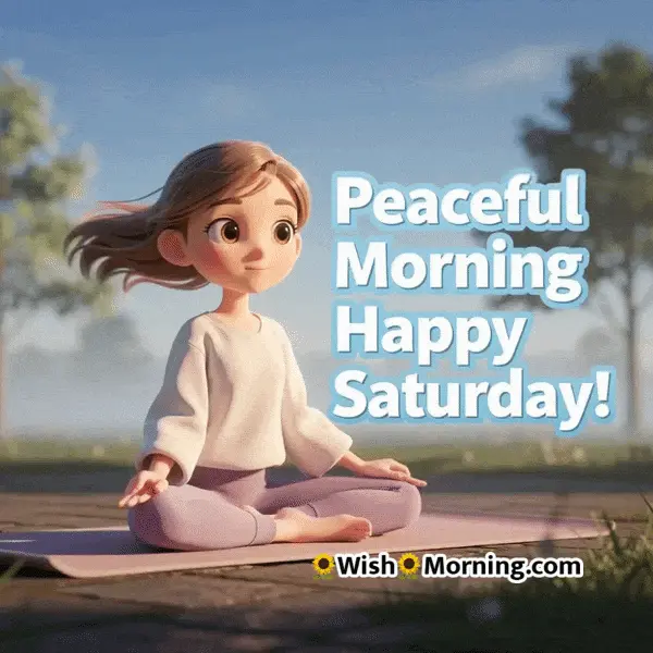 Happy Saturday animated GIF featuring a calm girl with open eyes doing yoga as her hair sways gently, symbolizing peace and balance.