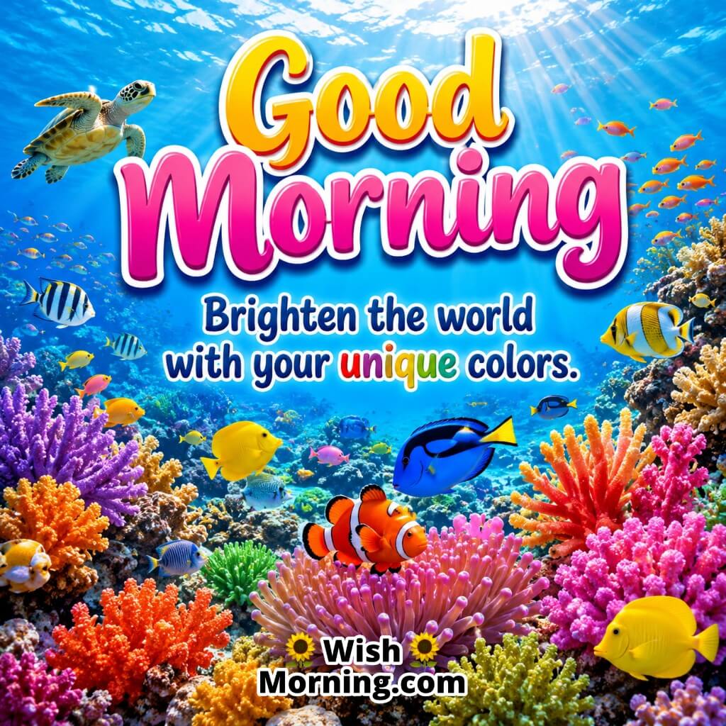 Good Morning Coral Reef Colors Quote Image featuring vibrant coral reefs and colorful fish symbolizing uniqueness and positivity
