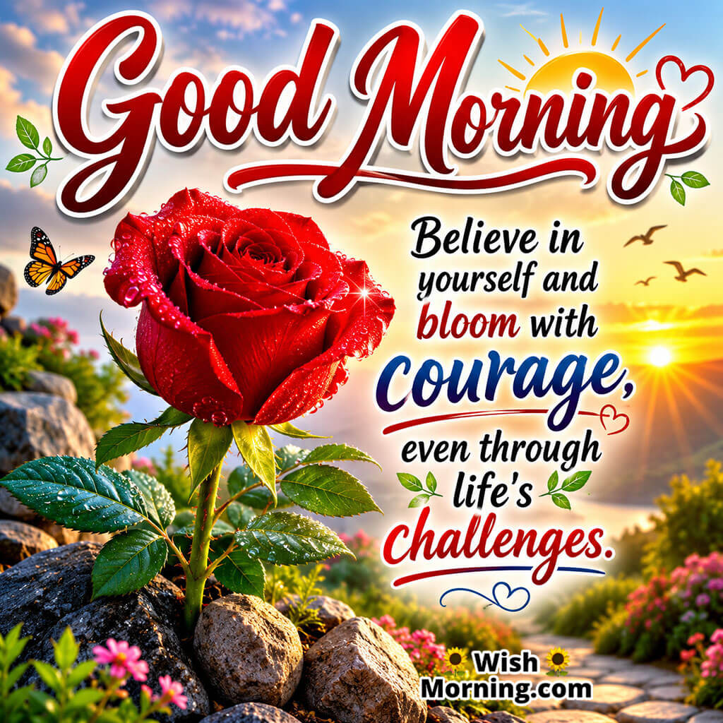Good Morning Courageous Red Rose Quote featuring a strong blooming rose in sunrise light symbolizing resilience and courage