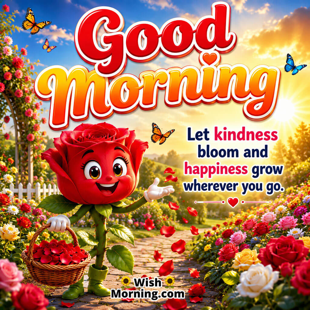 Good Morning Cute Red Rose Kindness Quote featuring a smiling rose character spreading petals in a sunrise garden symbolizing kindness and happiness 