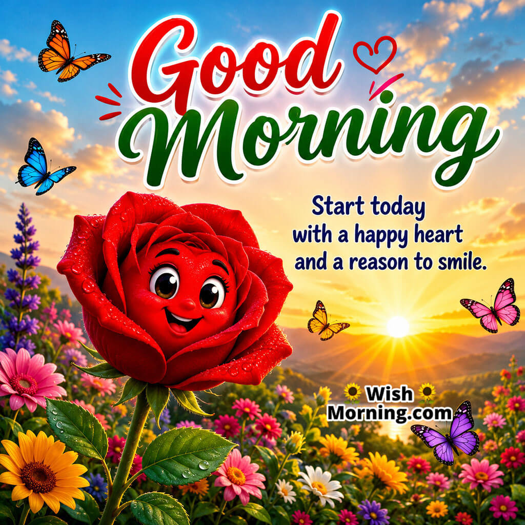 Good Morning Cute Rose Smile Message featuring a cheerful red rose character surrounded by colorful flowers symbolizing happiness and optimism
