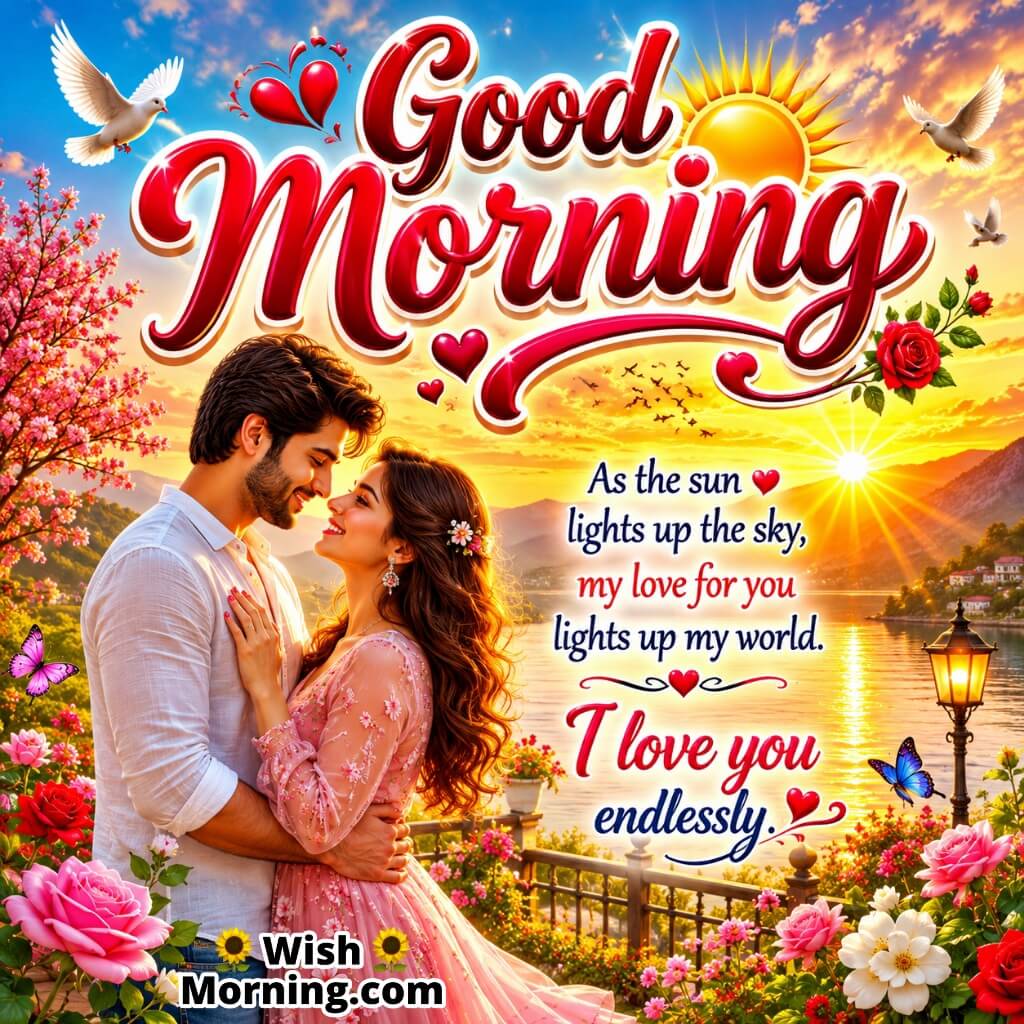 Good Morning Endless Love Message Photo featuring couple beneath glowing sunrise sky symbolizing endless love and warmth