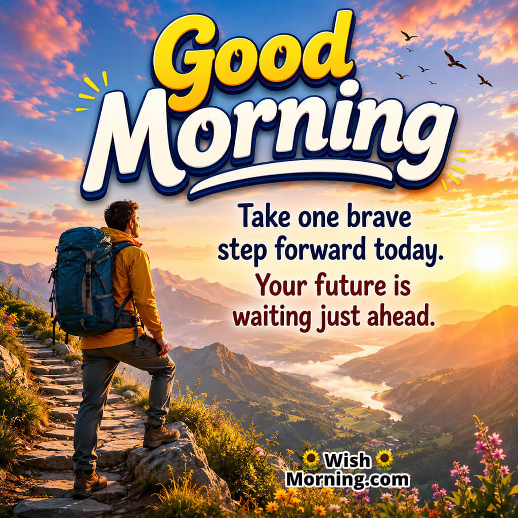 Good Morning Journey and Success Inspirational Quote featuring traveler taking first step on a mountain trail at sunrise symbolizing progress and new beginnings