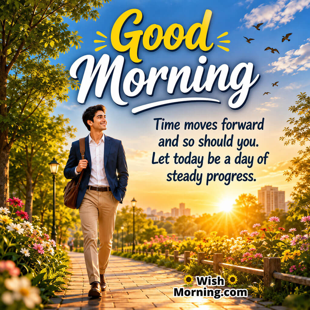 Good Morning Keep Moving Forward Quote featuring person walking on sunrise pathway symbolizing persistence and growth