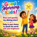 Good Morning Kids Shining Stars Image featuring cheerful children pointing at a glowing star during sunrise symbolizing positivity, confidence and bright dreams.