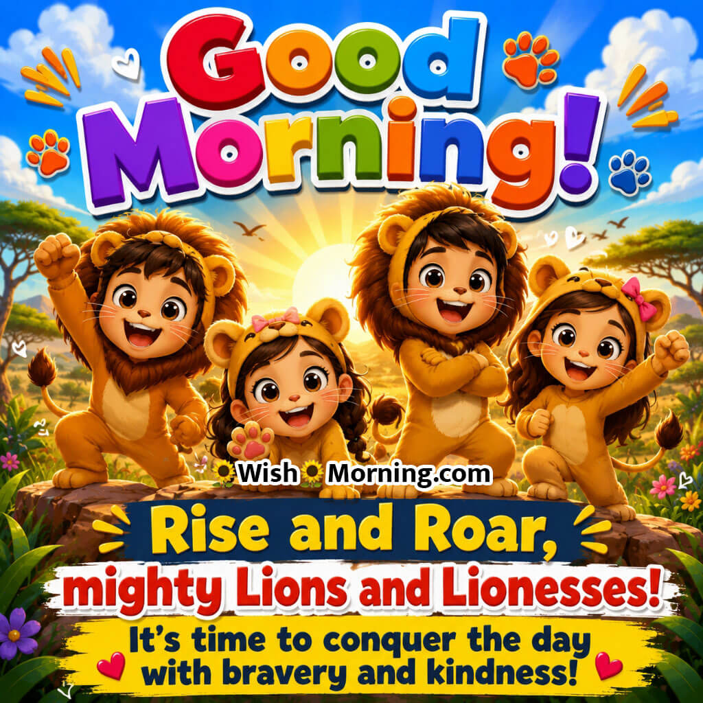 Good Morning Lion Kids Picture featuring cheerful children in lion costumes at sunrise symbolizing bravery, confidence and kindness.