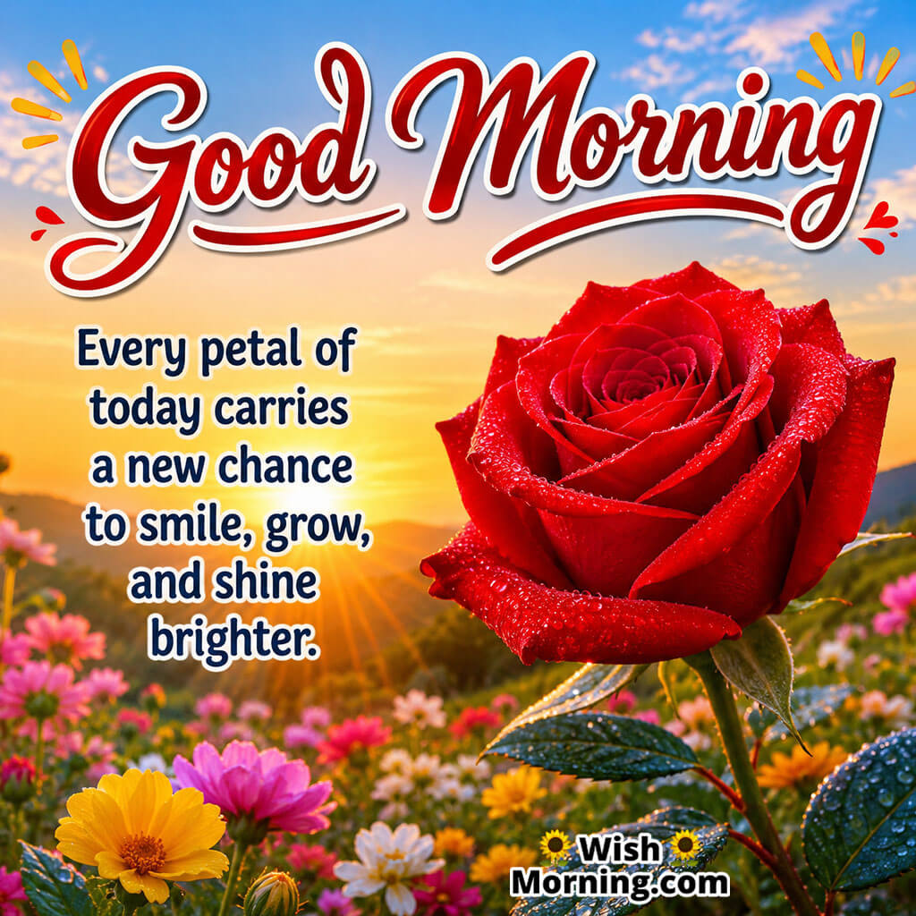 Good Morning Red Rose Opportunity Message featuring a blooming red rose beneath sunrise light symbolizing growth and new beginnings