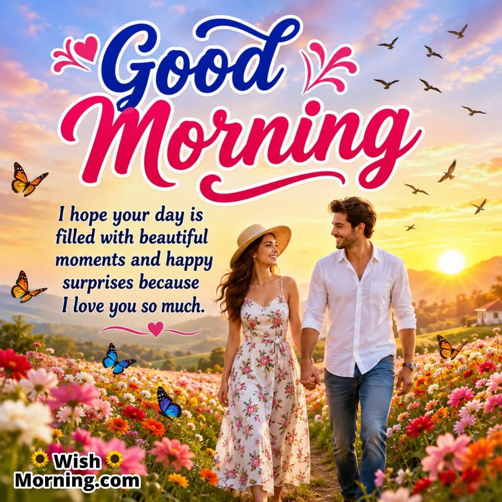Good Morning Romantic Love Wish Image featuring couple in colorful flower field at sunrise symbolizing happiness and affection