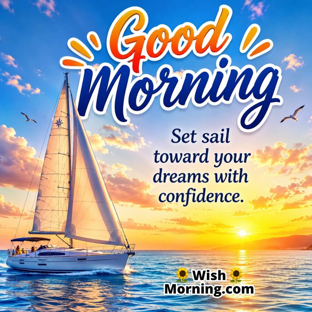 Good Morning Sailboat Dreams Quote Image featuring sailboat sailing across a sunrise ocean symbolizing confidence and aspiration