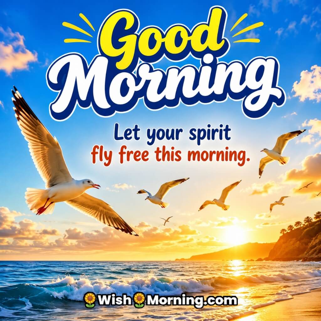 Good Morning Seagull Spirit Quote featuring seagulls flying freely over the ocean at sunrise symbolizing liberty and happiness