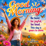 Good Morning Shine Bright Inspirational Message featuring joyful person celebrating in a sunrise flower field symbolizing confidence and success