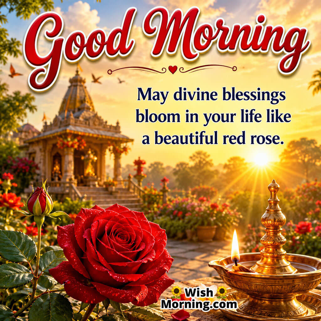 Good Morning Spiritual Red Rose Blessing Quote featuring a red rose beside a glowing temple lamp at sunrise symbolizing divine blessings and faith